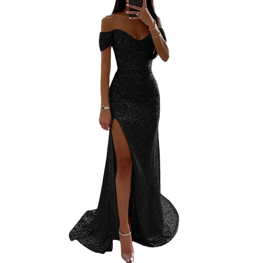 Female Creative Solid Color Sparkling Slit Dress in black with a stylish off-shoulder design and a thigh-high slit.