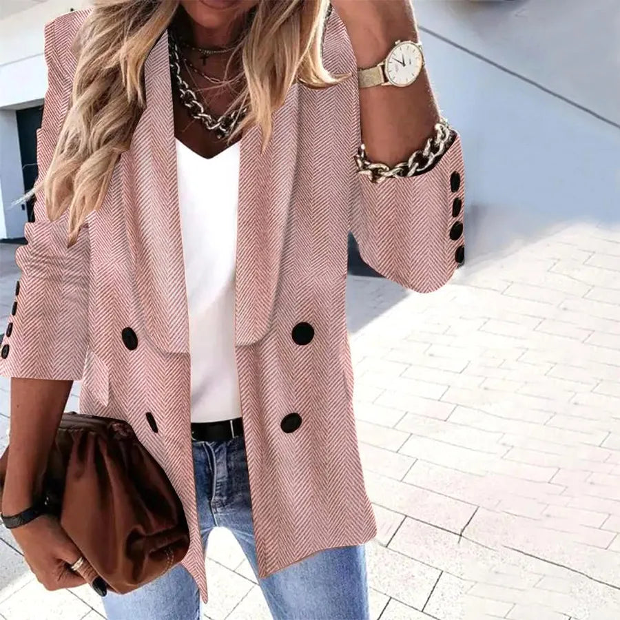 Autumn/Winter Double-Breasted Button Suit worn by a stylish woman with accessories and denim on a chic street.