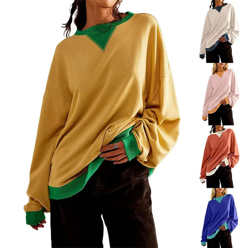 Loose Casual Contrast Color Sweater For Women in various colors worn casually by a model.