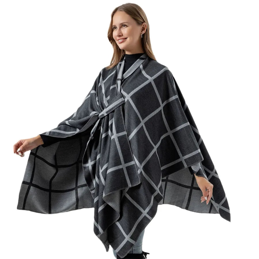 Woman wearing a Women's Fashion Gingham Check Warm Scarf with a stylish checkered design.