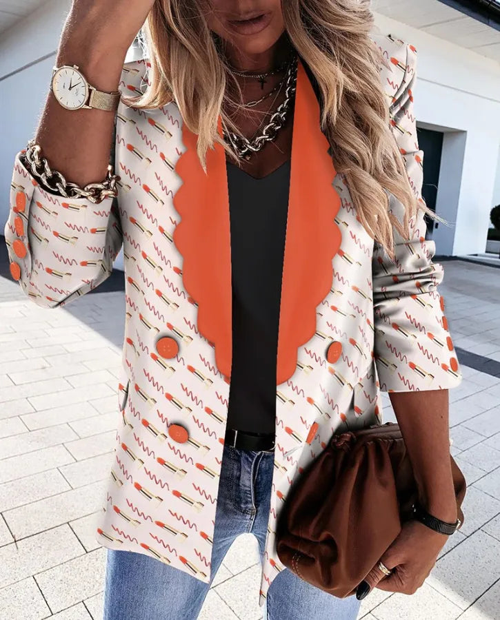 Autumn/Winter Double-Breasted Button Suit featuring stylish patterns and vibrant orange details.