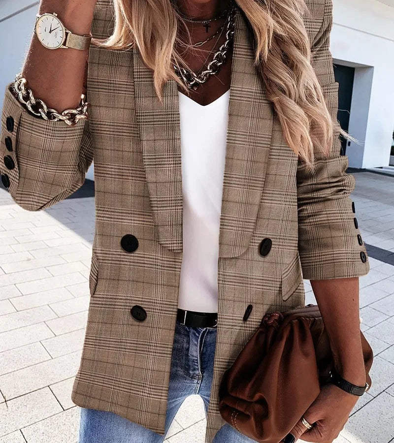 Autumn/Winter Double-Breasted Button Suit featuring a stylish plaid blazer and trendy accessories.