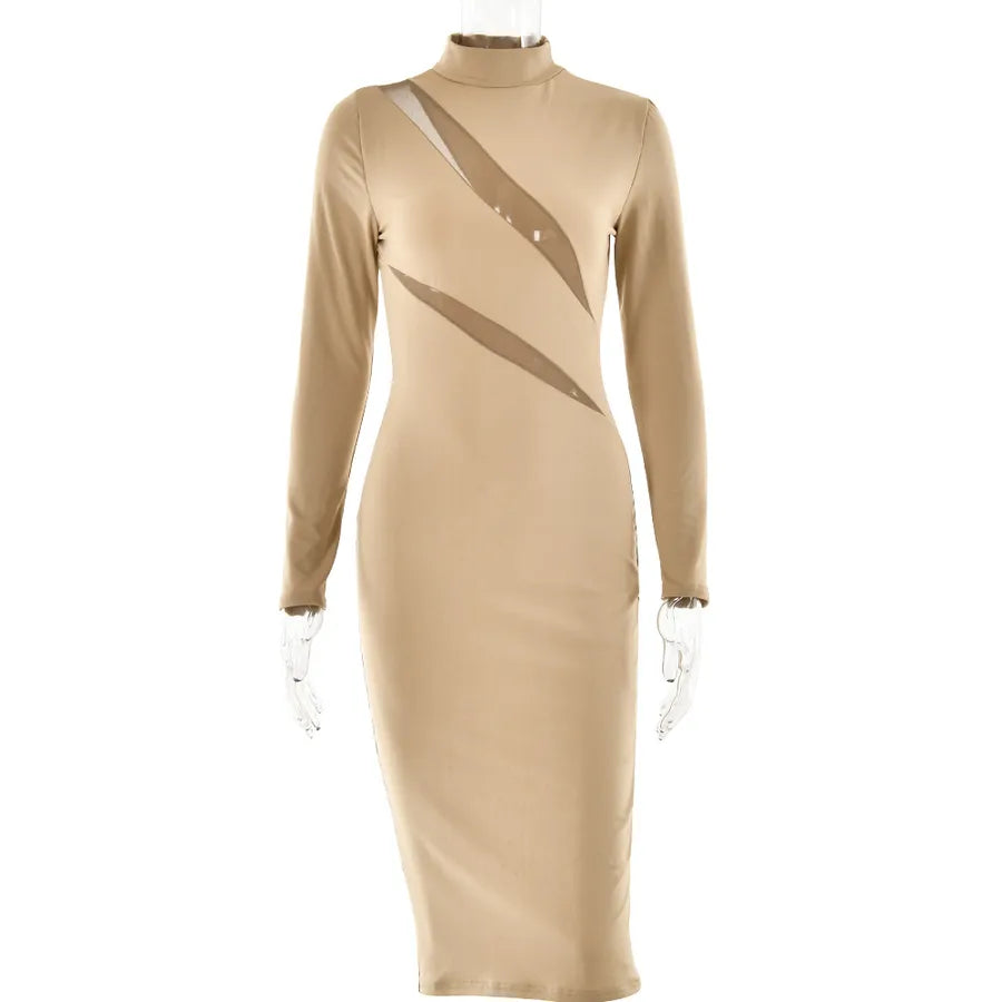 Round Neck Long Sleeve Stitching Dress Women in beige with unique cutouts and a stylish design.