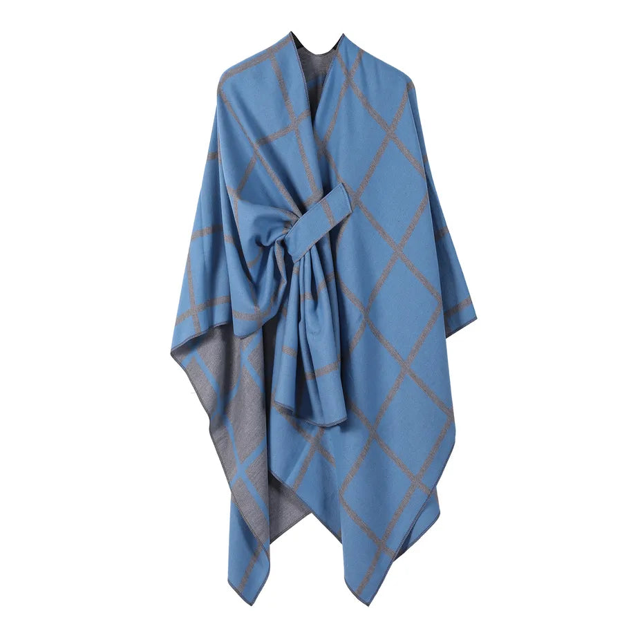 Women's Fashion Gingham Check Warm Scarf in blue with brown check pattern for stylish warmth.
