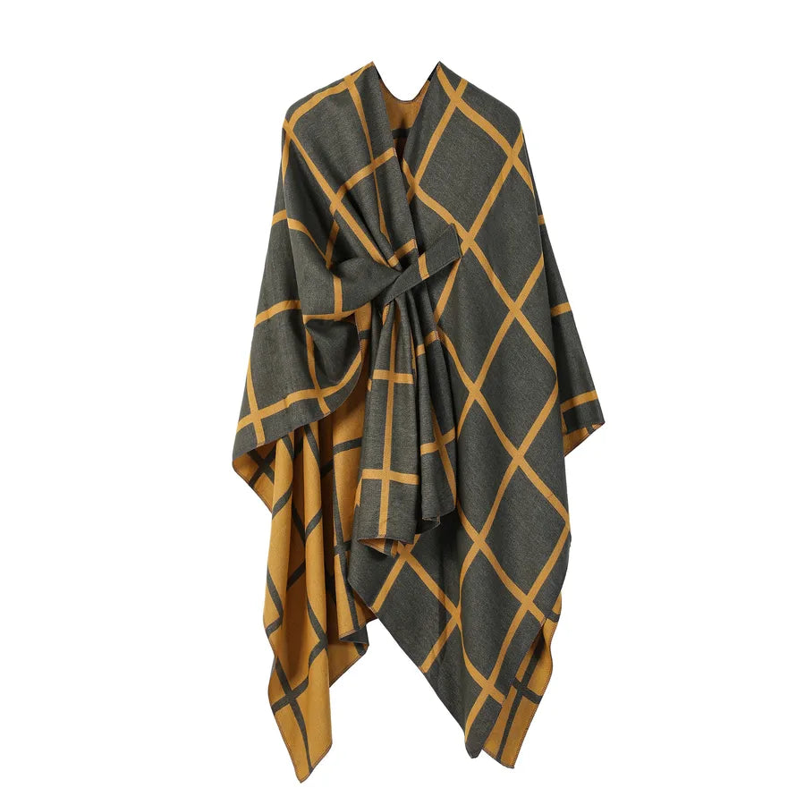 Women's Fashion Gingham Check Warm Scarf in gray and yellow checkered pattern, perfect for stylish warmth.