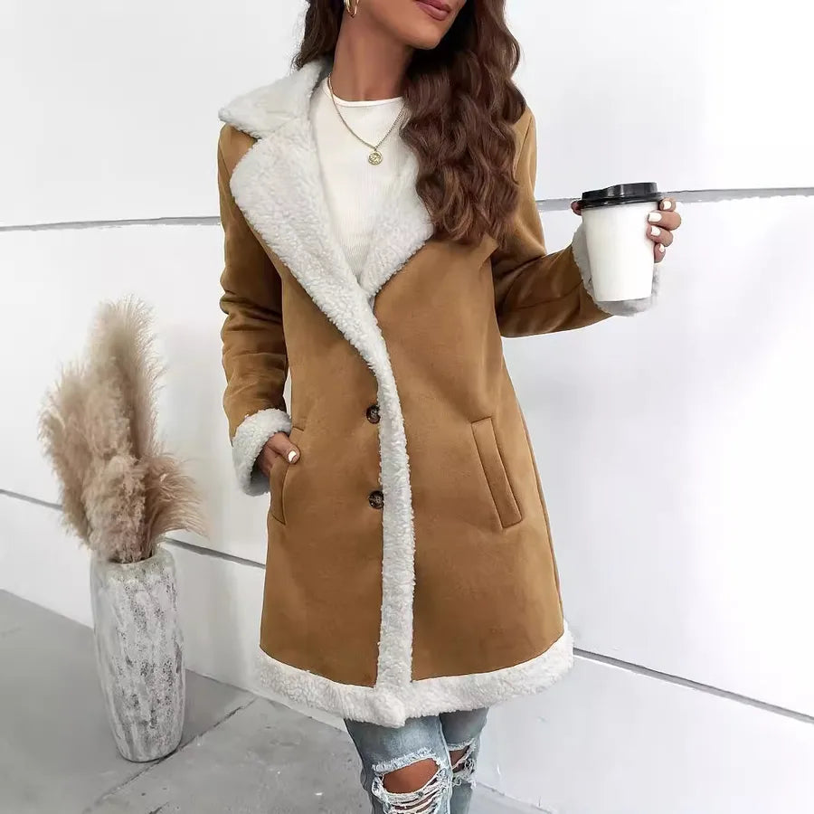 Women's Long-sleeved Woolen Coat in tan with white fur trim, featuring buttons and pockets, perfect for stylish winter wear.