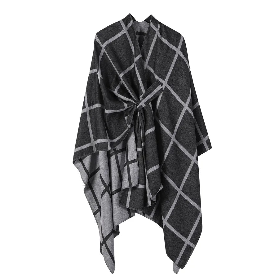 Women's Fashion Gingham Check Warm Scarf in gray and black plaid design, perfect for winter layering and style.