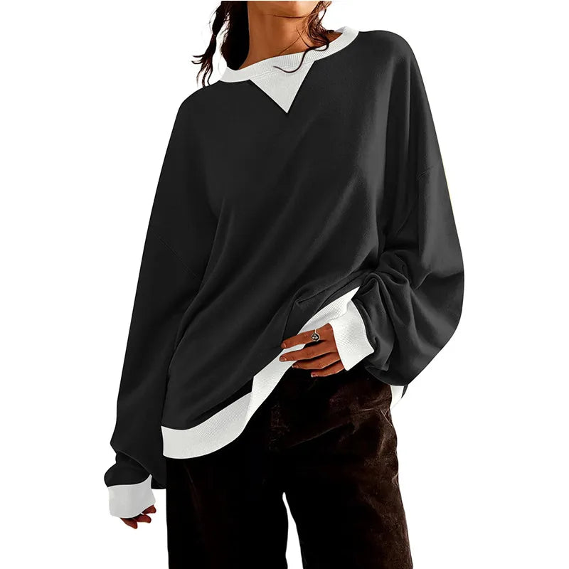 Loose Casual Contrast Color Sweater For Women in black with white collar details, perfect for a stylish casual look.