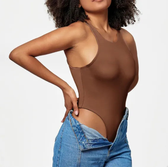 Backless Strappy Irregular Jumpsuit showcasing a stylish brown bodysuit with denim jeans.
