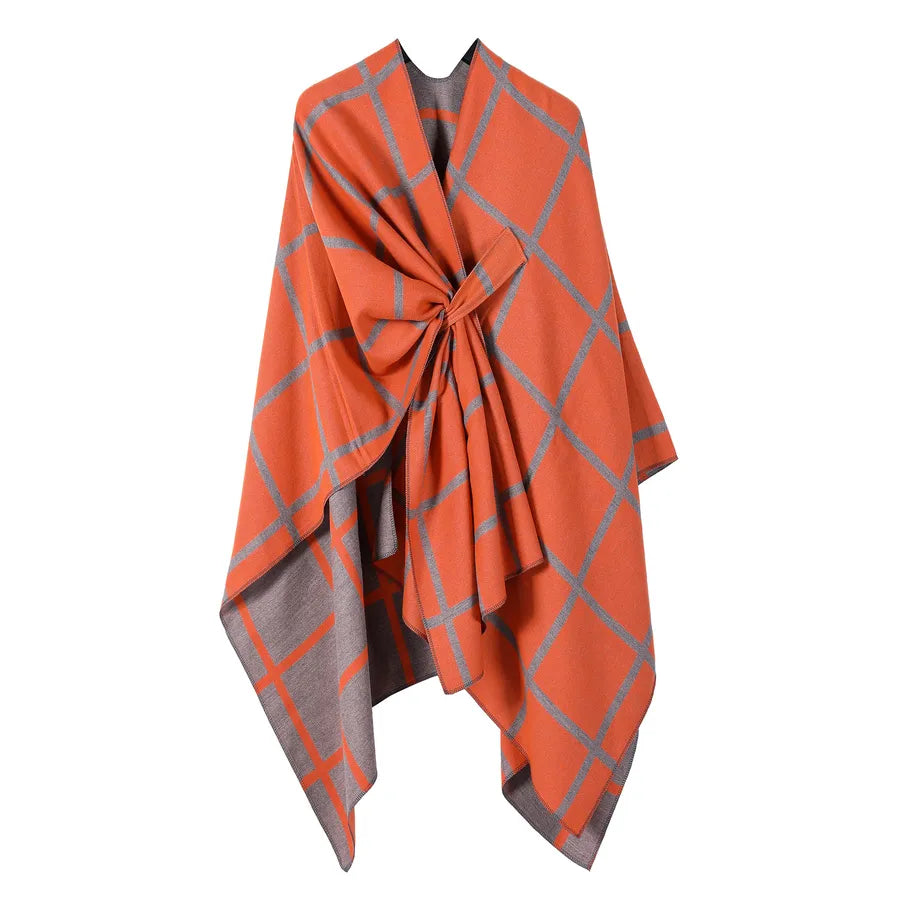 Women's Fashion Gingham Check Warm Scarf in orange and gray checkered design