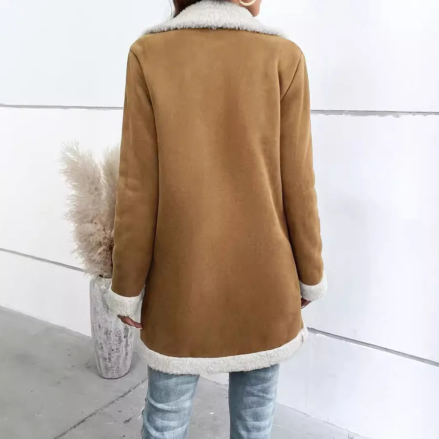 Back view of a stylish Women's Long-sleeved Woolen Coat with a soft collar and plush detailing.
