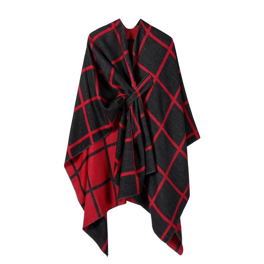 Women's Fashion Gingham Check Warm Scarf featuring a stylish black and red check pattern, perfect for chilly weather.
