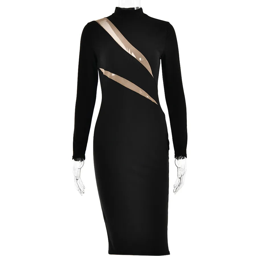 Round Neck Long Sleeve Stitching Dress Women displayed on a mannequin with stylish color blocking design.