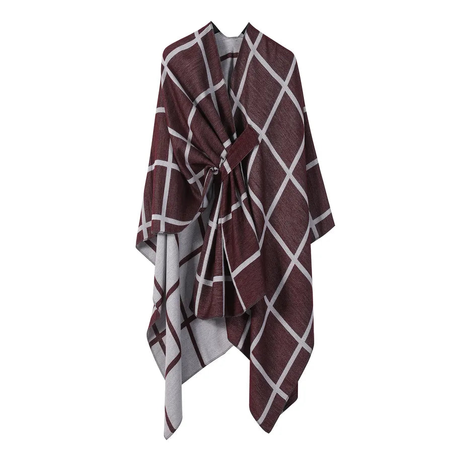 Women's Fashion Gingham Check Warm Scarf in maroon and grey check pattern, perfect for stylish warmth.