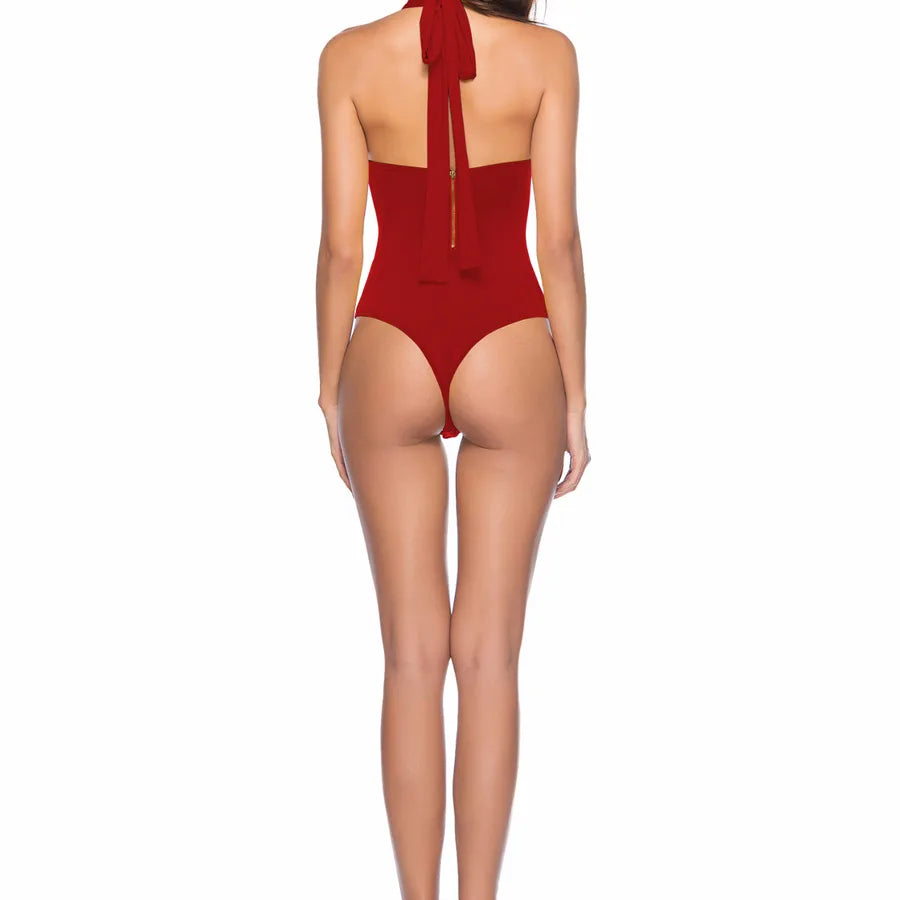 Backless Strappy Irregular Jumpsuit showcasing a stylish back view in a vibrant red color.