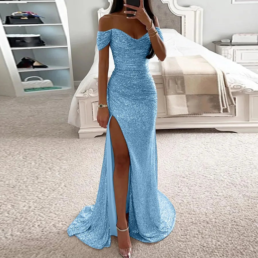 Female Creative Solid Color Sparkling Slit Dress in blue, showcasing a stunning off-shoulder design and a stylish slit.