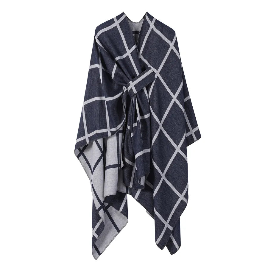 Women's Fashion Gingham Check Warm Scarf in navy and white checkered pattern, ideal for stylish layering.