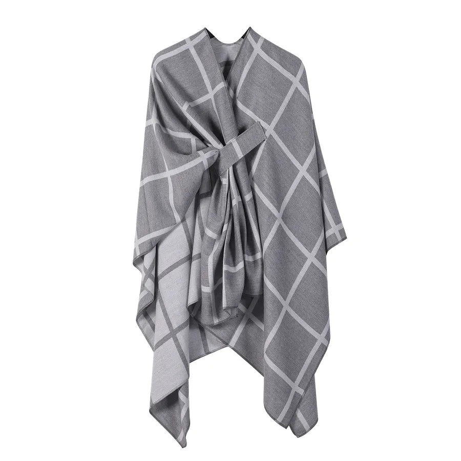 Women's Fashion Gingham Check Warm Scarf in stylish gray and white checkered pattern, perfect for cold weather.