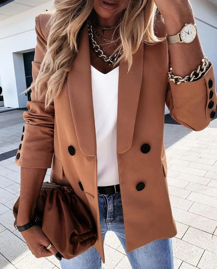 Autumn/Winter Double-Breasted Button Suit worn by a woman with a stylish outfit and accessories.