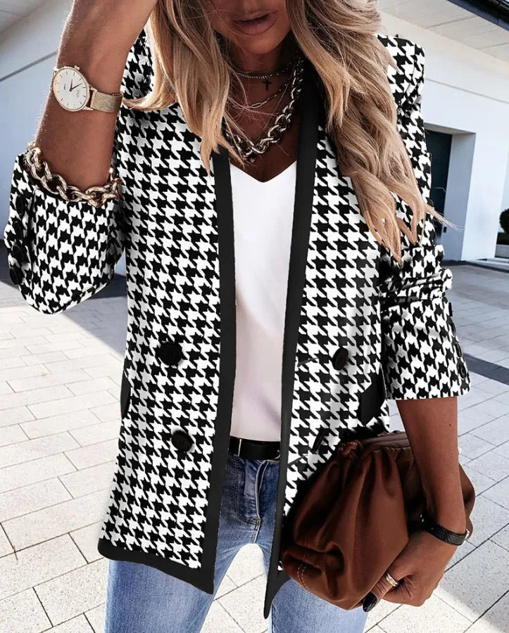 Model wearing an Autumn/Winter Double-Breasted Button Suit with houndstooth pattern and stylish accessories.