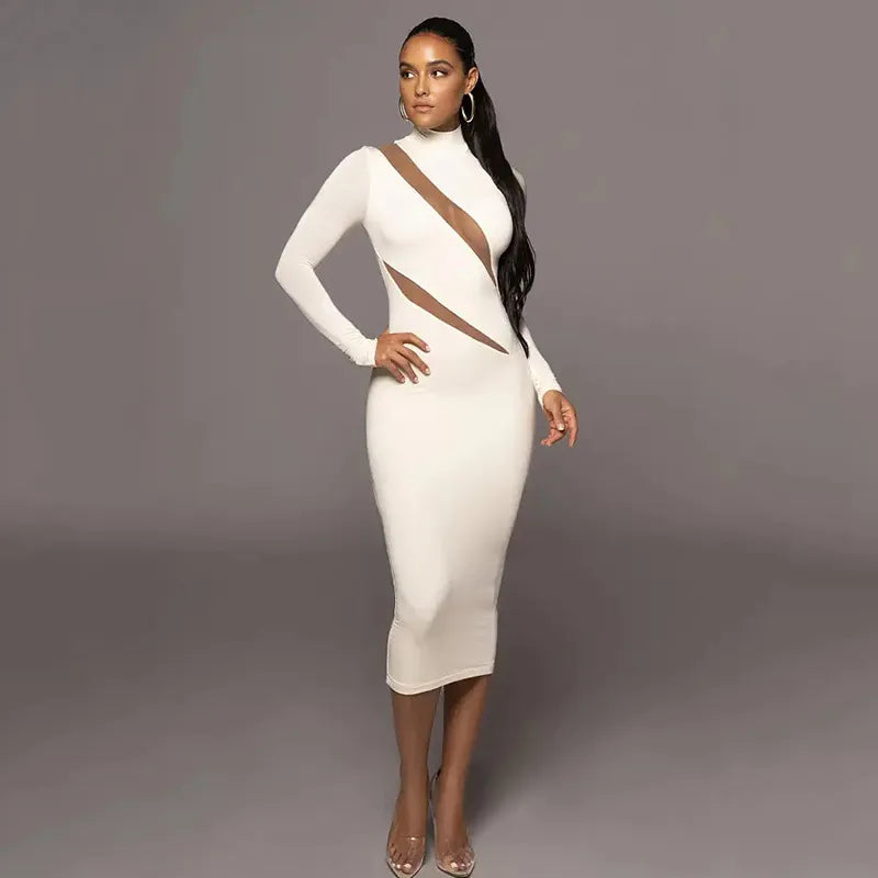 Round Neck Long Sleeve Stitching Dress Women in a stylish design with cutouts and a fitted silhouette.