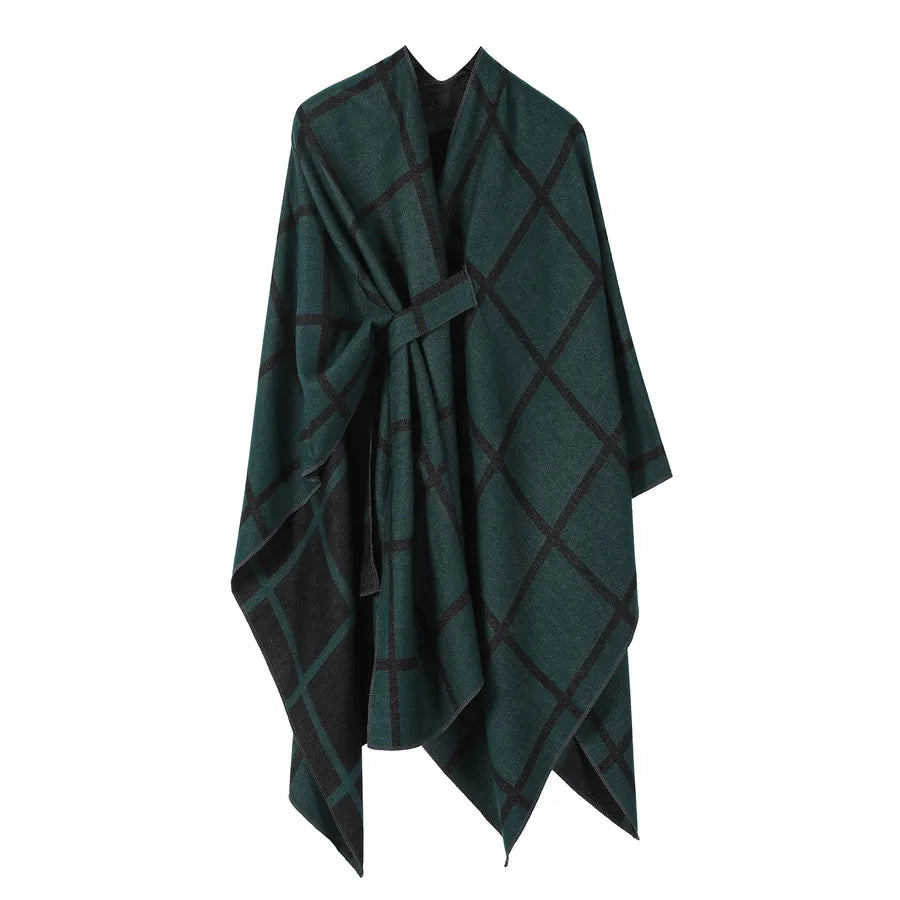 Women's Fashion Gingham Check Warm Scarf in green and black, stylish and cozy for winter outfits.