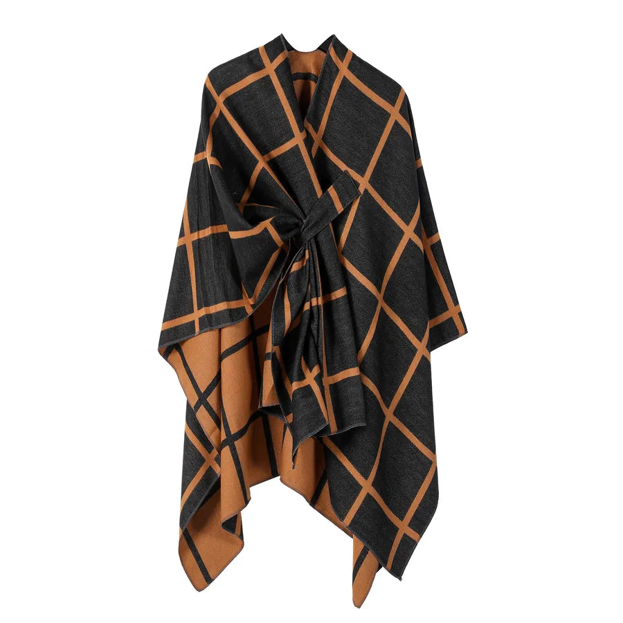 Women's Fashion Gingham Check Warm Scarf in dark and orange check pattern, stylish and cozy accessory for winter.
