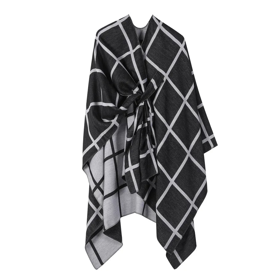 Women's Fashion Gingham Check Warm Scarf styled with a stylish knot, featuring a classic black and white gingham pattern.