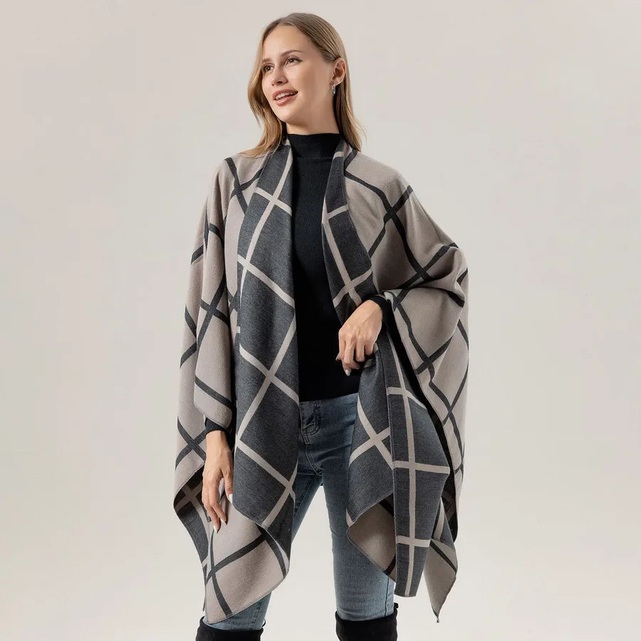 Women's Fashion Gingham Check Warm Scarf draped elegantly over a model in a stylish outfit.