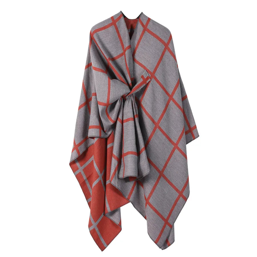 Women's Fashion Gingham Check Warm Scarf displayed in a stylish gray and red check pattern.