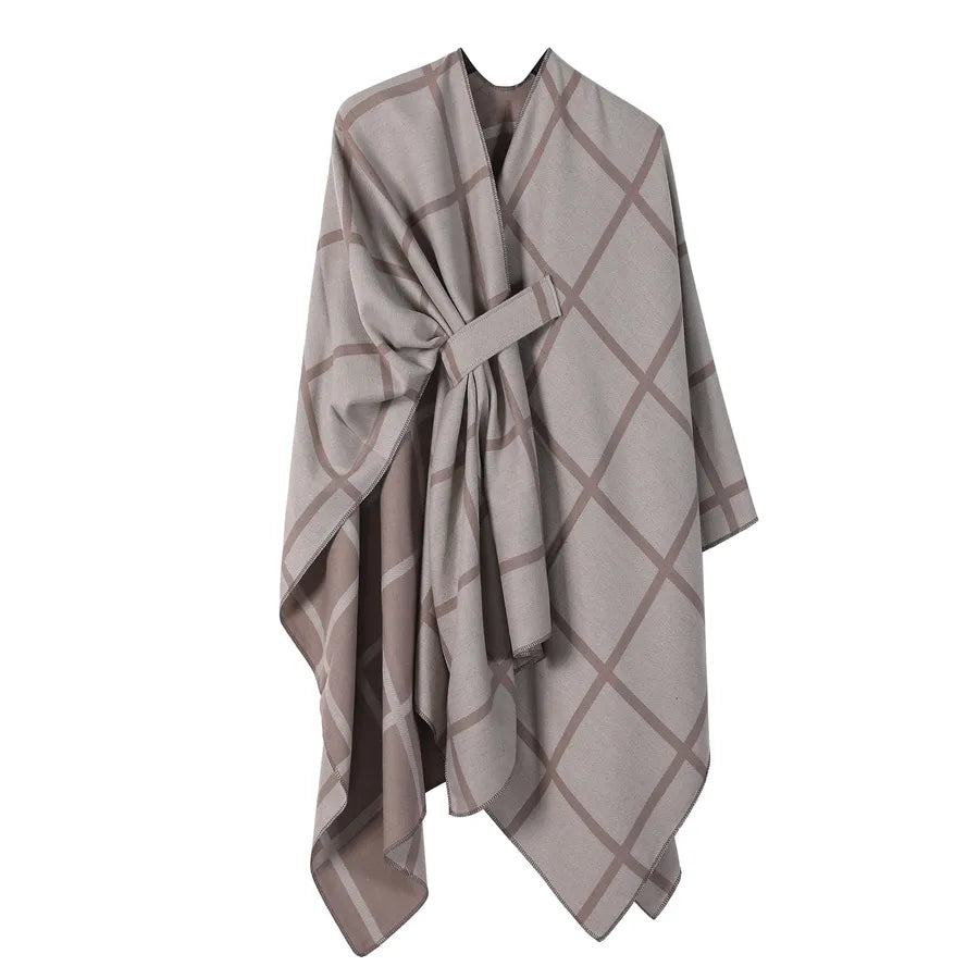 Women's Fashion Gingham Check Warm Scarf in a stylish gray and brown pattern, perfect for chilly weather.