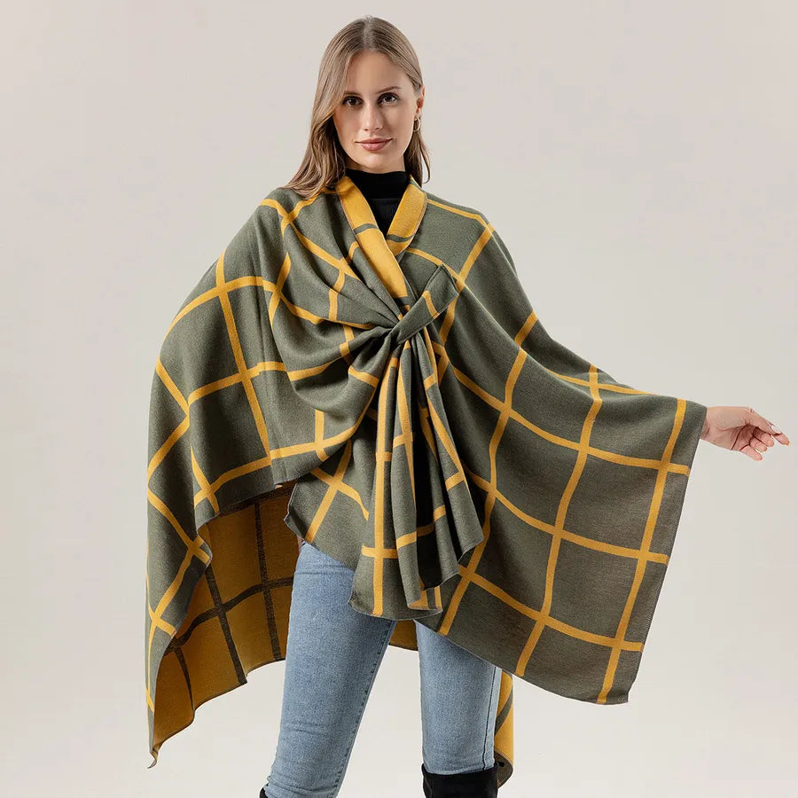 Women wearing a Women's Fashion Gingham Check Warm Scarf in green and yellow plaid design.