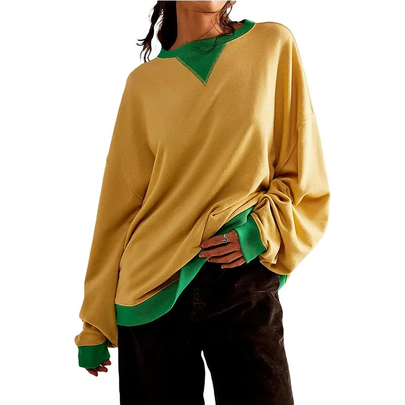 Loose Casual Contrast Color Sweater For Women in yellow and green, featuring a relaxed fit and stylish design.