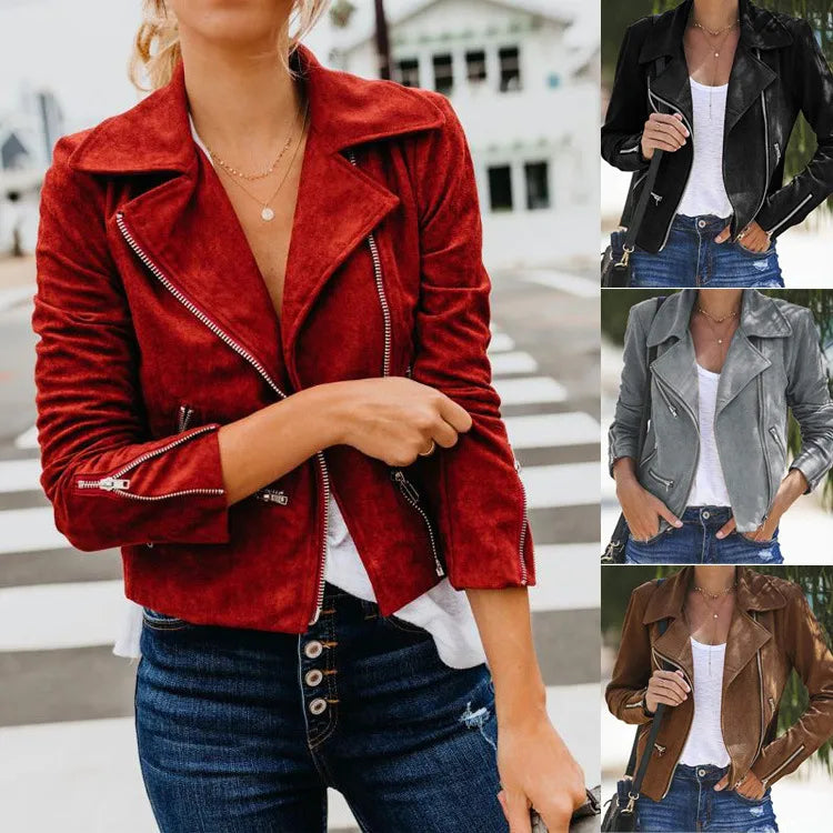 Women's Short Jacket collection featuring red, black, gray, and brown styles. Perfect for a trendy look.