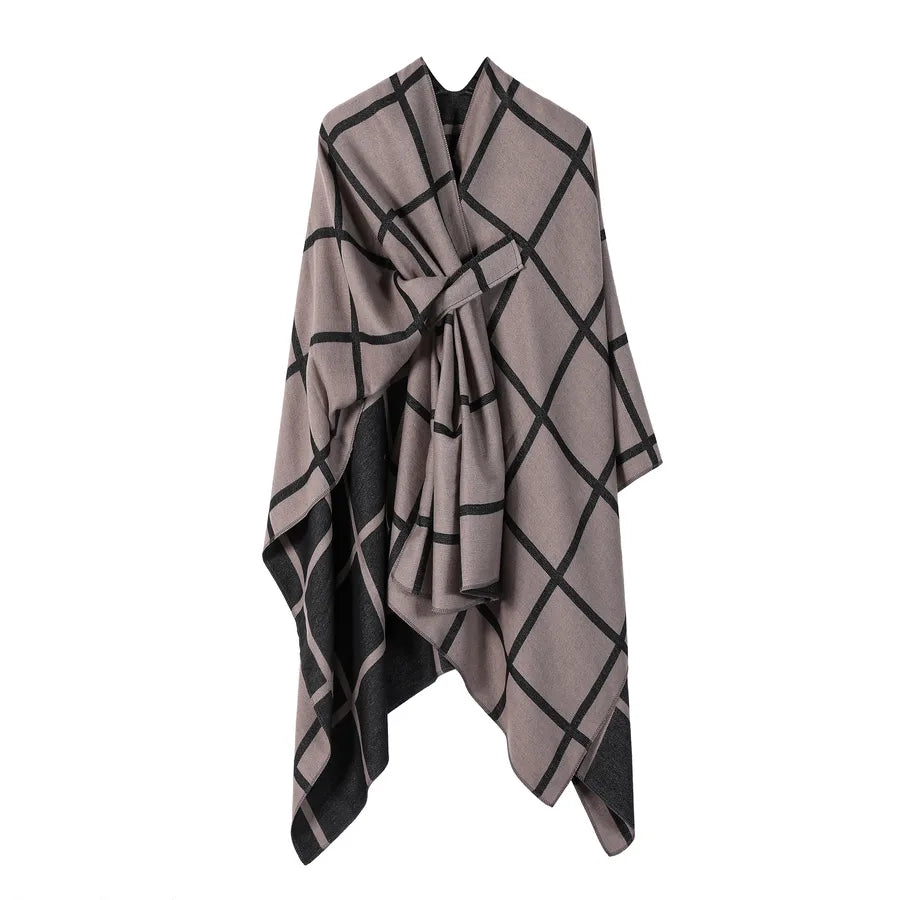Women's Fashion Gingham Check Warm Scarf in stylish beige and black diagonal pattern for added warmth.