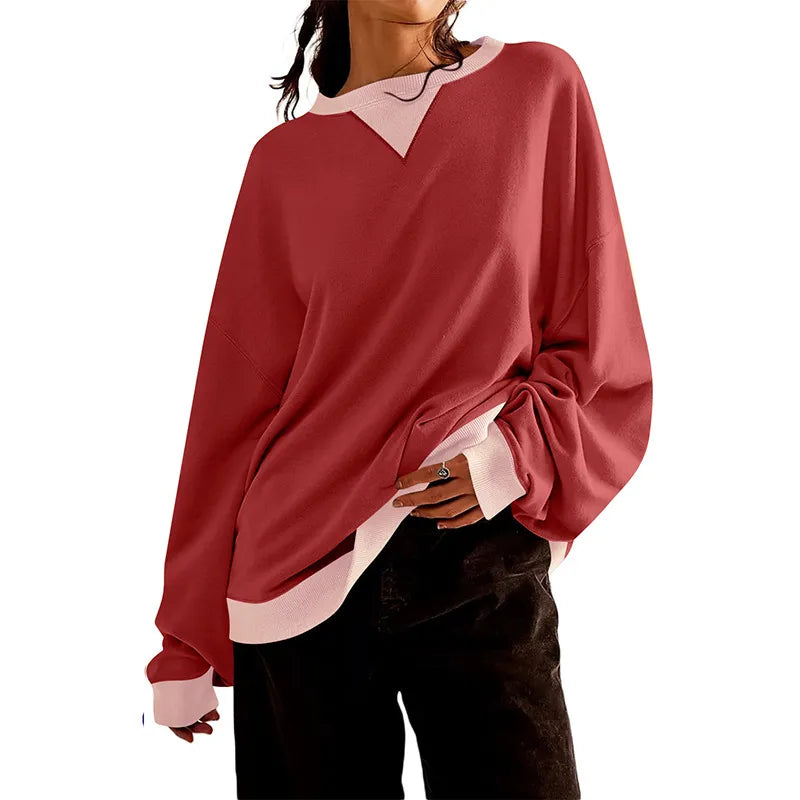 Loose Casual Contrast Color Sweater For Women in stylish red with a white collar detail, perfect for casual outings.