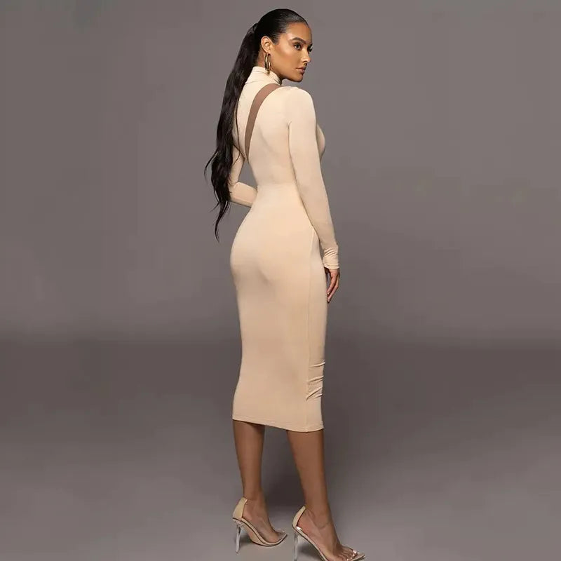 Round Neck Long Sleeve Stitching Dress Women showcasing a stylish back design and fitted silhouette.